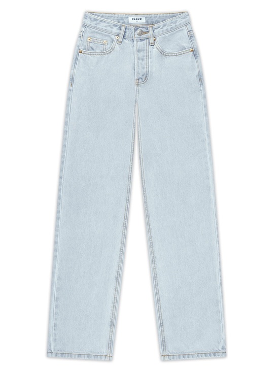 Parke Denim - PARKE Button Fly Light Blue Straight-Leg Jeans w Raw Edge Frayed Hem